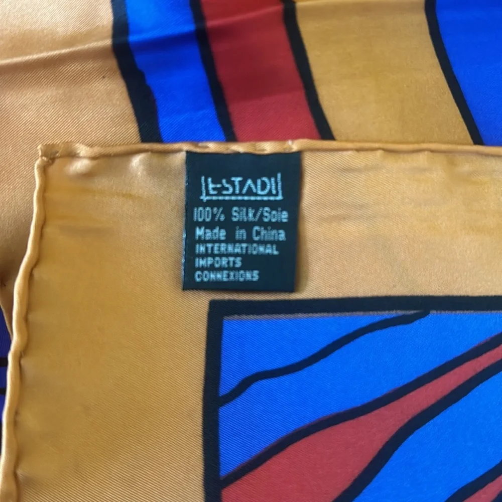 Estadi 100% Silk Twill Orange Red Blue Abstract Print Scarf Hand Rolled Hem NEW